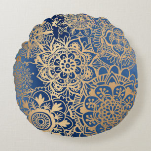 Blauwe en gouden Mandala Pattern Round Pillow Rond Kussen