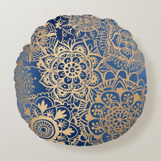 Blauwe en gouden Mandala Pattern Round Pillow Rond Kussen (Voorkant)