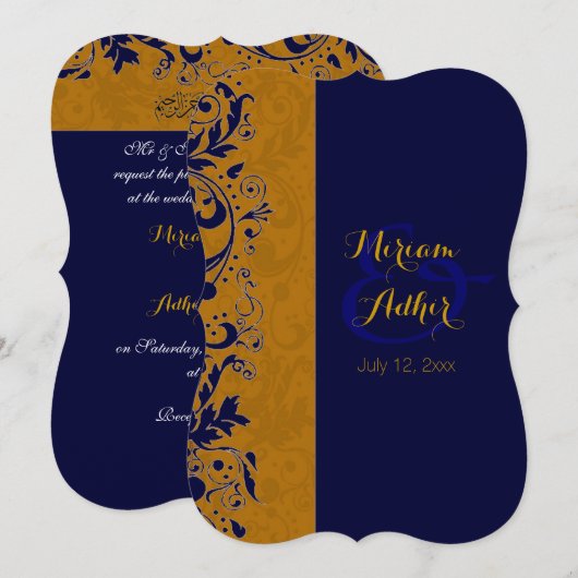 Blauwe en gouden moslimbruiloft of -Verloving Kaart (Voorkant / Achterkant)