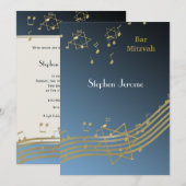 Blauwe en gouden muziek Bar Mitswa Kaart (Voorkant / Achterkant)