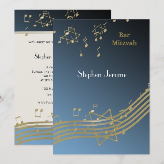 Blauwe en gouden muziek Bar Mitswa Kaart (Voorkant / Achterkant)