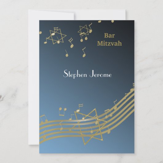 Blauwe en gouden muziek bar mitswa uitnodiging (Voorkant)