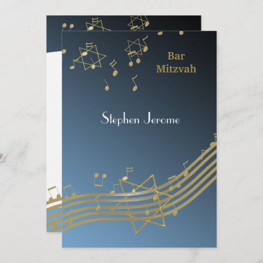 Blauwe en gouden muziek bar mitswa uitnodiging (Voorkant / Achterkant)