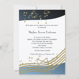 Blauwe en gouden muziek bar mitswa uitnodiging
