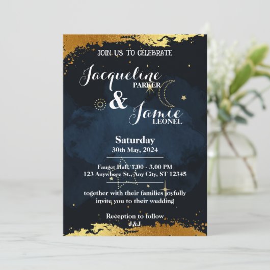 Blauwe en Gouden Nachthemel Illustratieve Bruiloft Kaart (Staand voorkant)