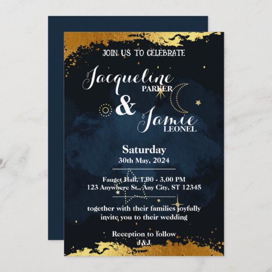 Blauwe en Gouden Nachthemel Illustratieve Bruiloft Kaart (Voorkant / Achterkant)
