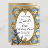 Blauwe en gouden Nautische uitnodiging (Voorkant / Achterkant)