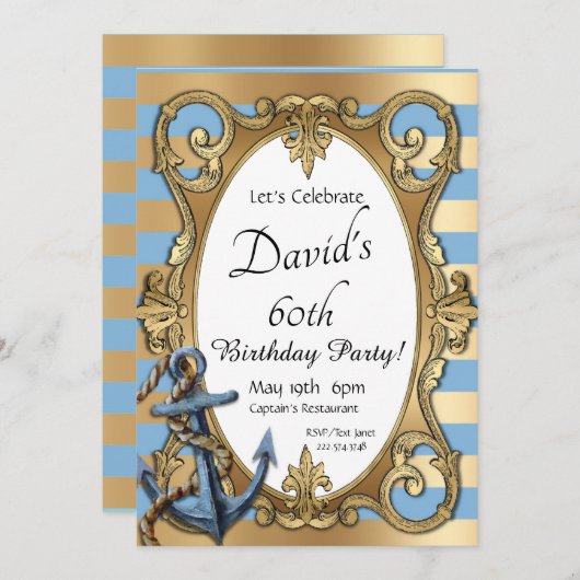 Blauwe en gouden Nautische uitnodiging (Voorkant / Achterkant)