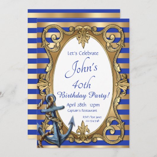 Blauwe en gouden Nautische uitnodiging (Voorkant / Achterkant)