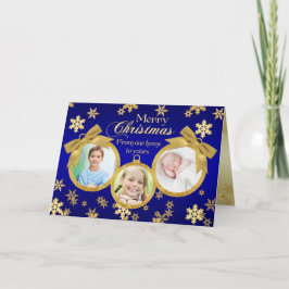 Blauwe en gouden Ornamenten kerstfotokaart Feestdagen Kaart