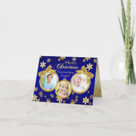 Blauwe en gouden Ornamenten kerstfotokaart Feestdagen Kaart