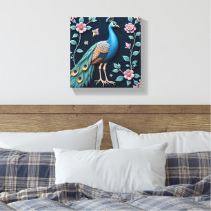 Blauwe en Gouden Pauw Canvas Afdruk