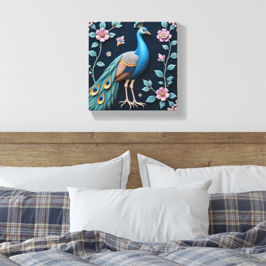 Blauwe en Gouden Pauw Canvas Afdruk (Insitu (Slaapkamer))