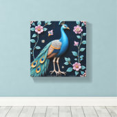 Blauwe en Gouden Pauw Canvas Afdruk (Insitu (Houten vloer))