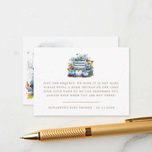 Blauwe en gouden pompoen herfst Baby shower Informatiekaartje (Voorkant / Achterkant in situ)