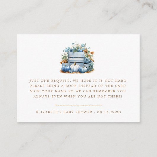 Blauwe en gouden pompoen herfst Baby shower Informatiekaartje (Voorkant)