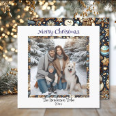 Blauwe en gouden sneeuwpoppen | Familiefoto Kerstm Feestdagenkaart