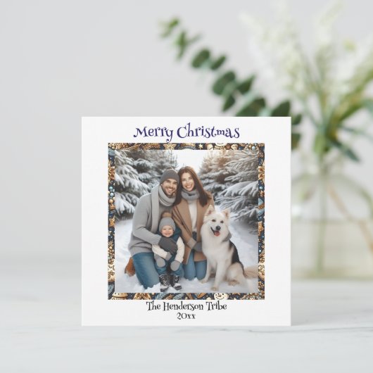 Blauwe en gouden sneeuwpoppen | Familiefoto Kerstm Feestdagenkaart (Staand voorkant)