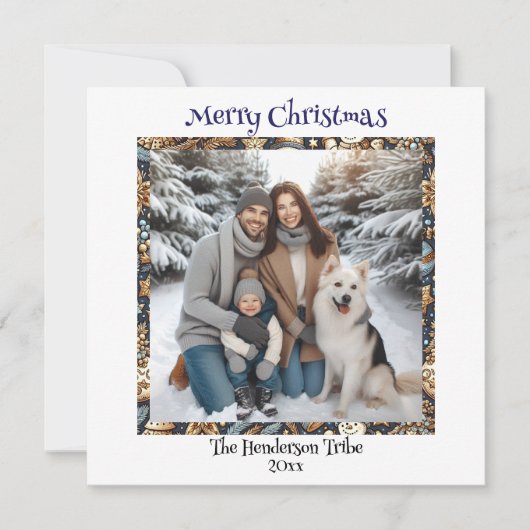 Blauwe en gouden sneeuwpoppen | Familiefoto Kerstm Feestdagenkaart (Voorkant)