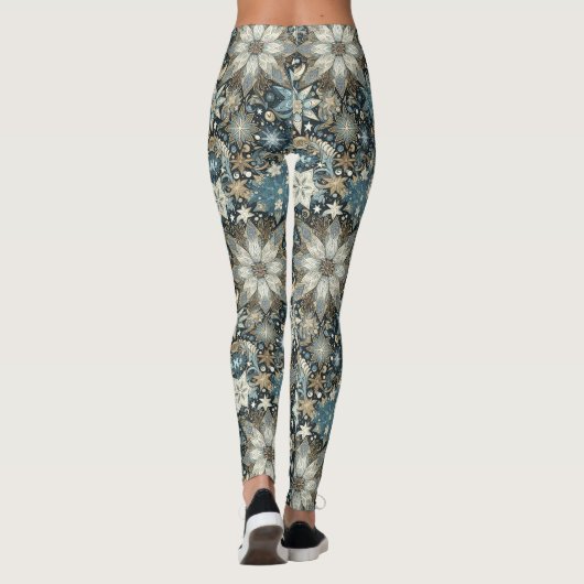 Blauwe en gouden sneeuwvlokken en bloemen vakantie leggings (Achterkant)