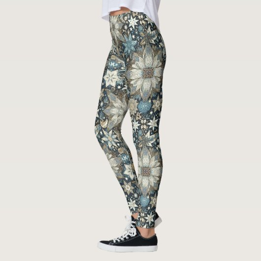 Blauwe en gouden sneeuwvlokken en bloemen vakantie leggings (Links)