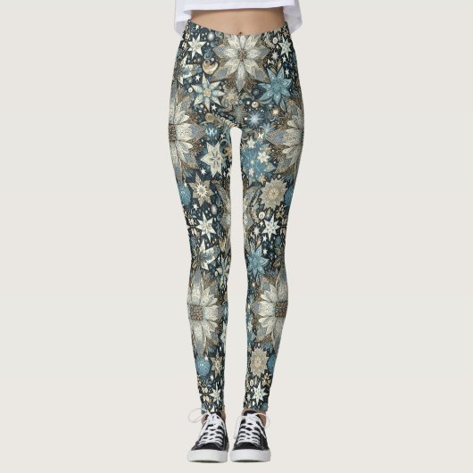 Blauwe en gouden sneeuwvlokken en bloemen vakantie leggings (Voorkant)