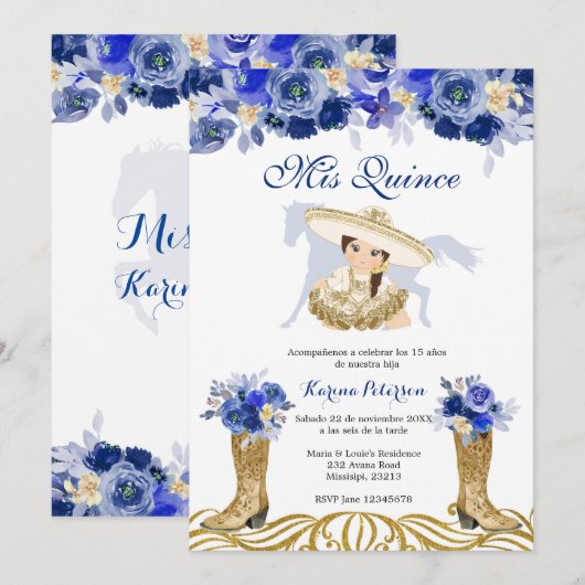 Blauwe en gouden Spaanse roet Charra Quinceanera Kaart (Voorkant / Achterkant)