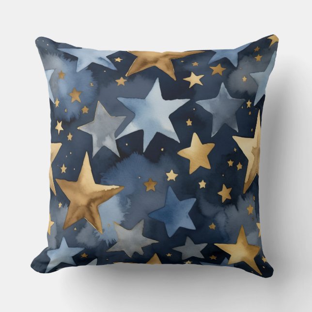 Blauwe en gouden sterren abstract kussen (Voorkant)