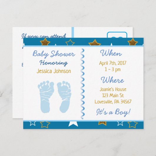 Blauwe en gouden sterren Boy's Baby Shower Uitnodi Uitnodiging Briefkaart (Voorkant / Achterkant)