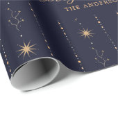 Blauwe en gouden sterren vrolijk kerstfeest cadeaupapier (Rol Hoek)