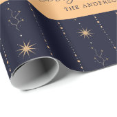 Blauwe en gouden sterren vrolijk kerstfeest cadeaupapier (Rol Hoek)