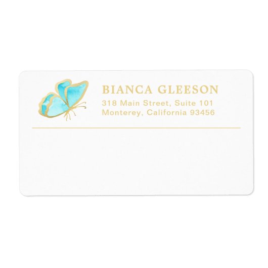 Blauwe en Gouden Vlinder Elegante Zaken Etiket (Voorkant)