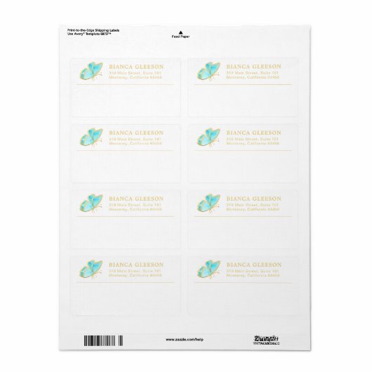 Blauwe en Gouden Vlinder Elegante Zaken Etiket (Full Sheet)