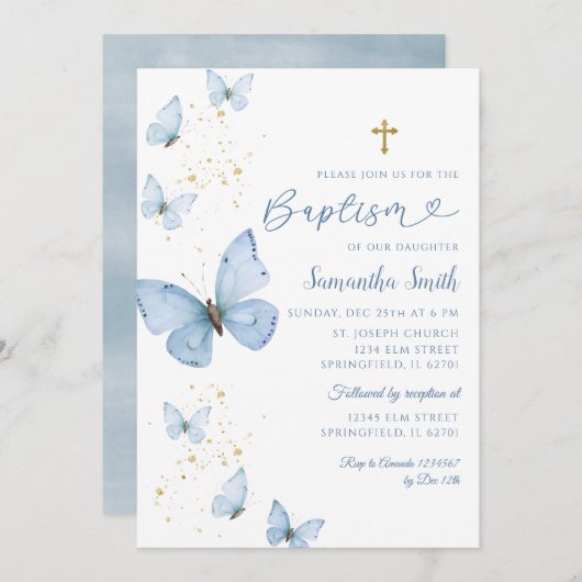Blauwe en gouden vlinder minimalistische doop kaart (Voorkant / Achterkant)
