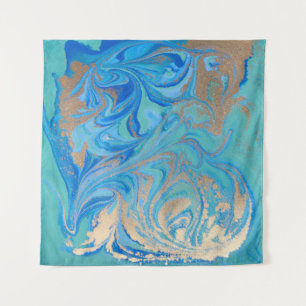 Blauwe en gouden vloeibare textuur wandkleed
