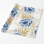 Blauwe en gouden Waterverf Anemone Cadeaupapier (Uitgerold)