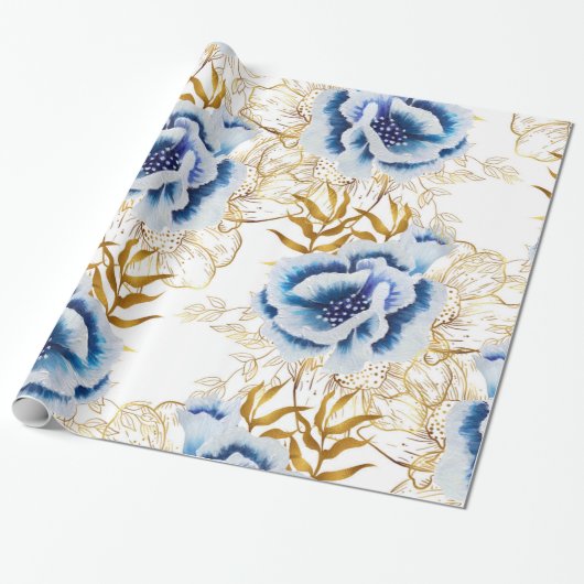 Blauwe en gouden Waterverf Anemone Cadeaupapier (Uitgerold)
