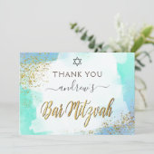 Blauwe en gouden Waterverf Bar Mitzvah Bedankkaart (Staand voorkant)