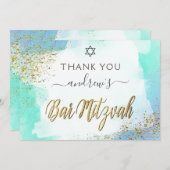 Blauwe en gouden Waterverf Bar Mitzvah Bedankkaart (Voorkant / Achterkant)