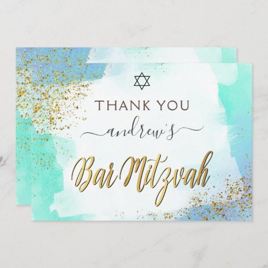 Blauwe en gouden Waterverf Bar Mitzvah Bedankkaart (Voorkant / Achterkant)