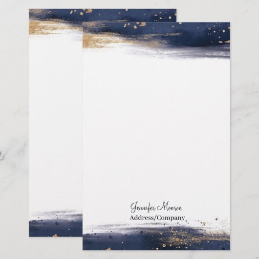 Blauwe en gouden waterverf penseelstreken op maat briefpapier (Voorkant / Achterkant)