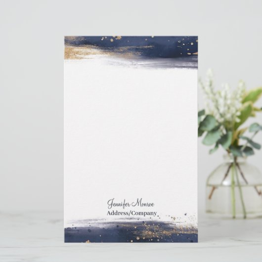Blauwe en gouden waterverf penseelstreken op maat briefpapier (Staand voorkant)