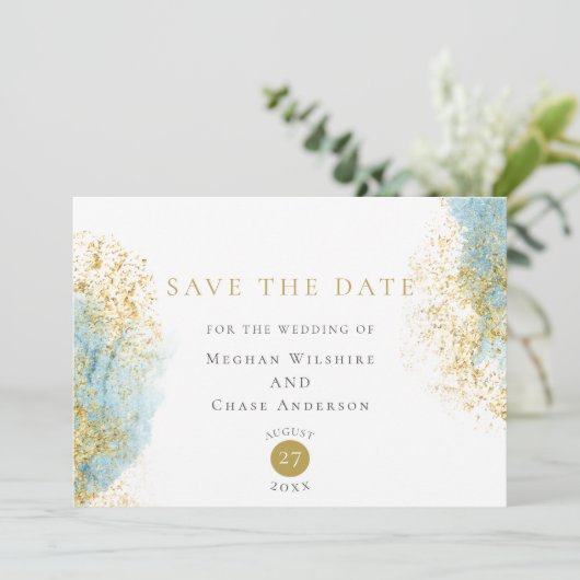 Blauwe en gouden Waterverf Was de datum opslaan Save The Date (Staand voorkant)
