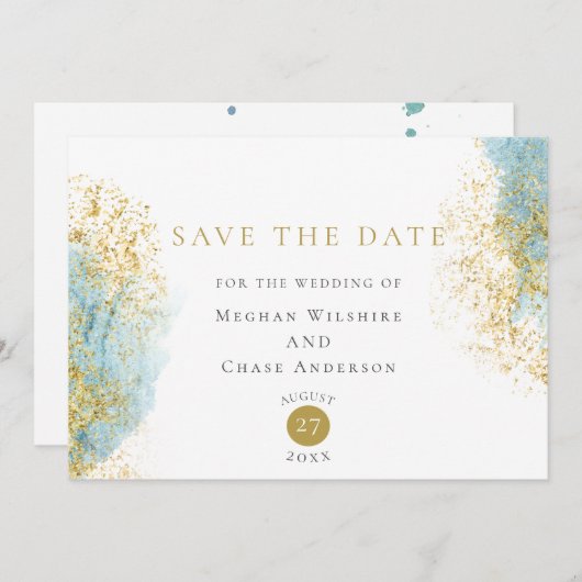 Blauwe en gouden Waterverf Was de datum opslaan Save The Date (Voorkant / Achterkant)