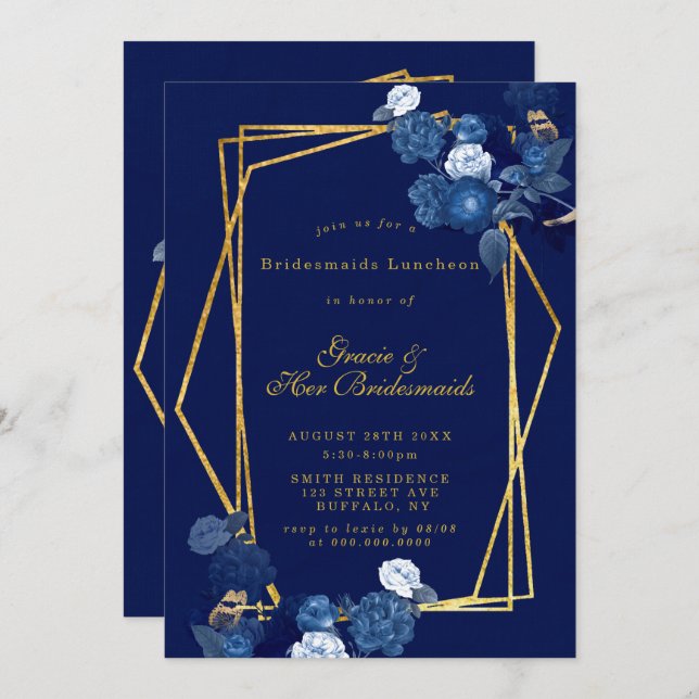 Blauwe en goudfluitjes Bridesmaids Luncheon Invite (Voorkant / Achterkant)