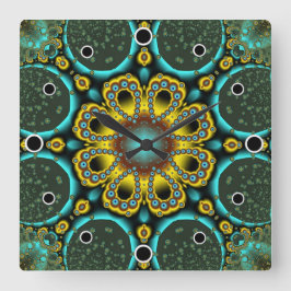 Blauwe en goudfractale ventilator vierkante klok