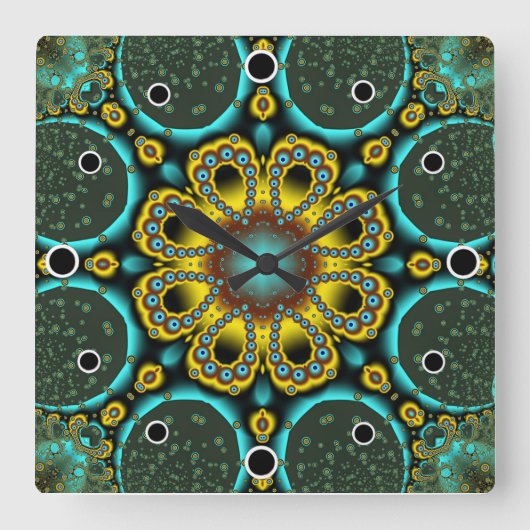 Blauwe en goudfractale ventilator vierkante klok (Voorkant)