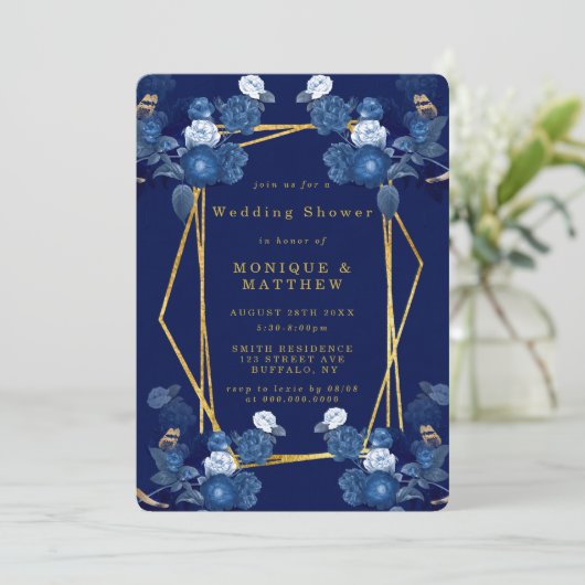 Blauwe en goudgeometrische Flora Wedding Shower In (Staand voorkant)