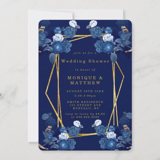 Blauwe en goudgeometrische Flora Wedding Shower In (Voorkant)