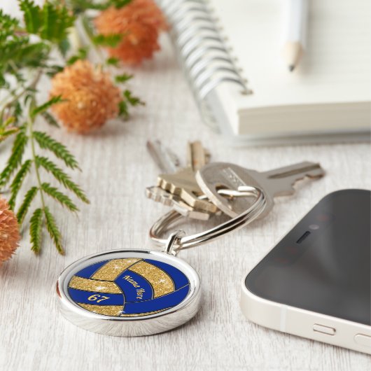 Blauwe en goudgepersonaliseerde volleybalSleutelha Sleutelhanger (Zijkant)